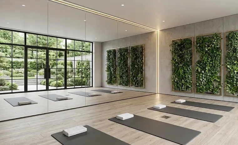 Basement gym and studio with mirrored wall and rubber flooring
