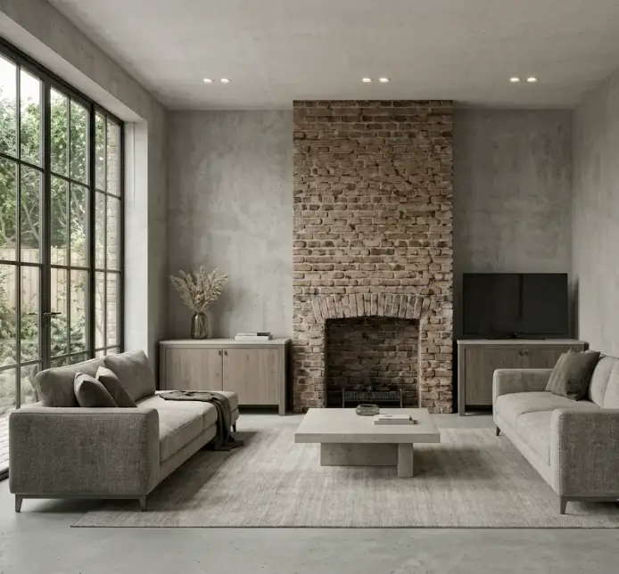 Bright basement living room with a lightwell and feature staircase