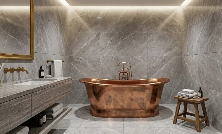 Freestanding copper bath against large-format marble tiling