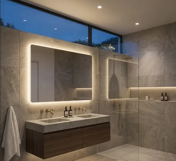 Bathroom vanity with stone top, LED mirror and brushed-brass tapware