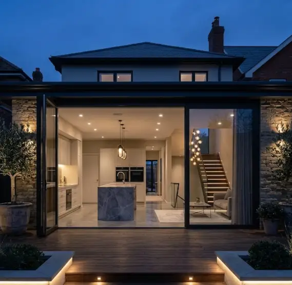 Exterior garden lighting along a path and within planting