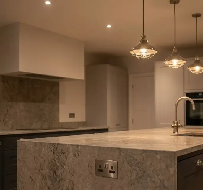 Kitchen island with discreet pop-up sockets and pendant lighting