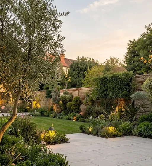 Porcelain patio with planting and integrated lighting at dusk