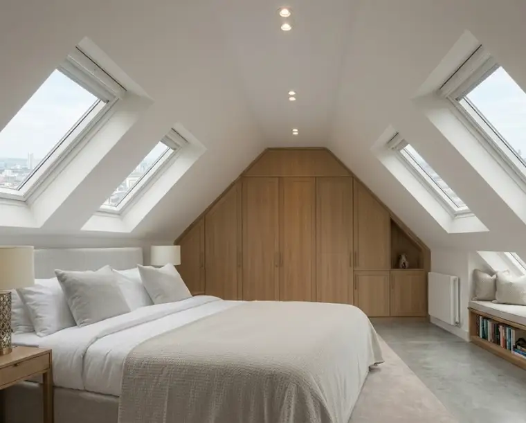 A finished dormer loft conversion bedroom with en-suite in a West London home