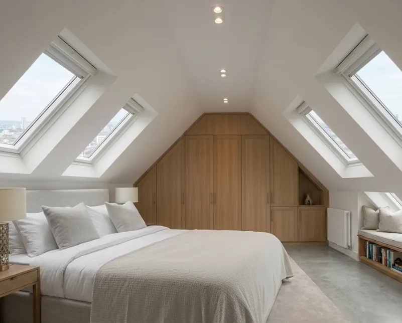 A finished dormer loft conversion bedroom with en-suite in a West London home