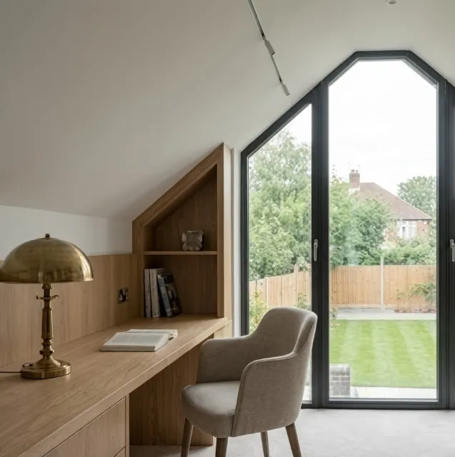 Loft home office with built-in oak desk and arched gable window