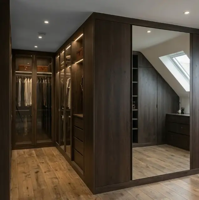 Loft walk-in wardrobe in dark walnut with mirrored sliding doors