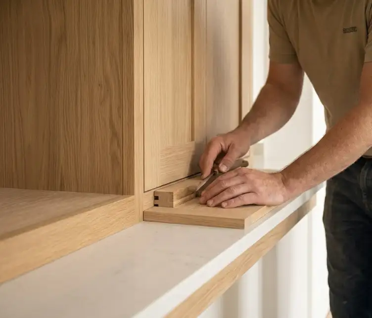 Bespoke fitted joinery in oak around a restored period fireplace