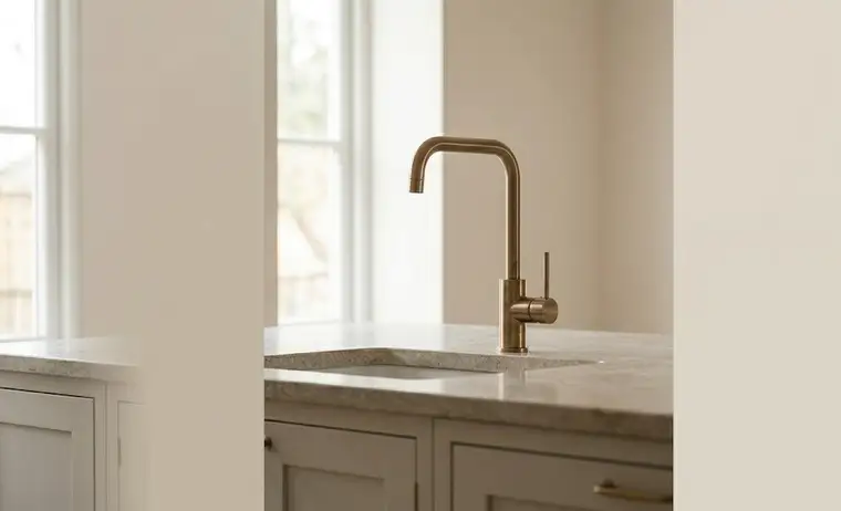 Brushed-brass kitchen mixer tap over a stone sink, neatly plumbed