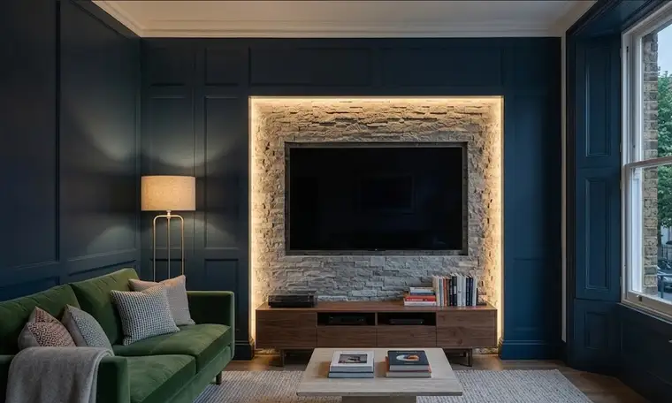 Renovated living room with a bespoke media wall and concealed lighting